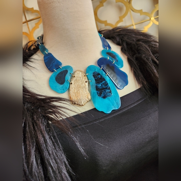 Black, Blue and Goldtone Statement Necklace with Earrings Set - Picture 8 of 15